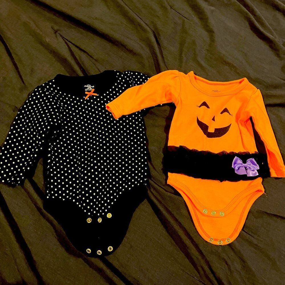 Halloween Baby Bodysuit Set 3-6M Pumpkin Black Polka Dot Girl Outfit 2PC EUC